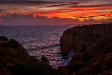 Algarve Coastline In Portugal At Sunset