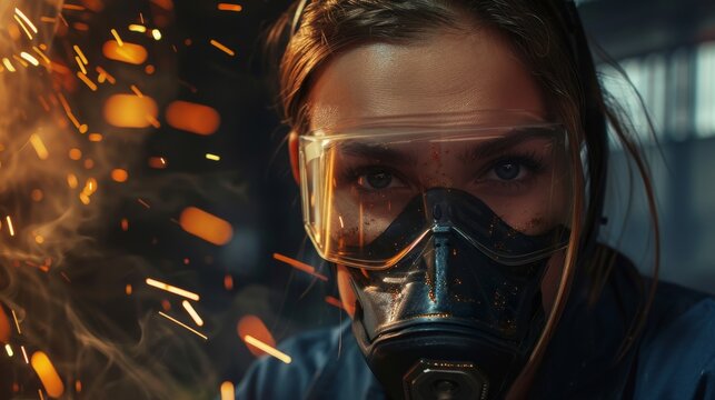 Female Fabricator in Safety Mask. Flying Hot Sparks Reflect on the Mask as she grinds metal object. Beautiful Natural Beauty in the Workshop.