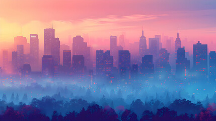 Flat Design Backdrop Cityscape in Morning Mist: Urban Skyline Obscured by Thick Mist, Merging City Life with Nature s Mystery   Flat Illustration
