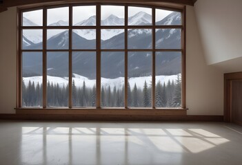An empty room with large windows overlooking a a snowy mountain landscape outside