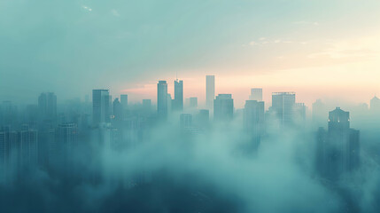 Fototapeta na wymiar Flat Design Backdrop: Cityscape in Morning Mist Urban Skyline Merged with Nature s Mystery Flat Illustration