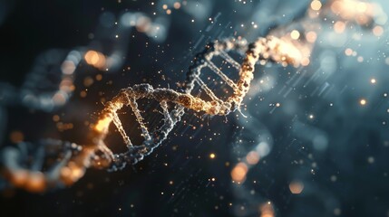 A DNA molecule morphing into a double helix of light, symbolizing the interconnectedness of all living things.