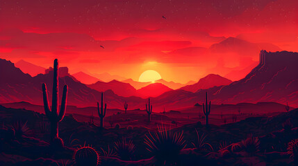 Desert Sunset Serenity: The desert comes alive at sunset with cacti silhouettes against a fire red sky, offering a moment of serenity   flat design backdrop illustration