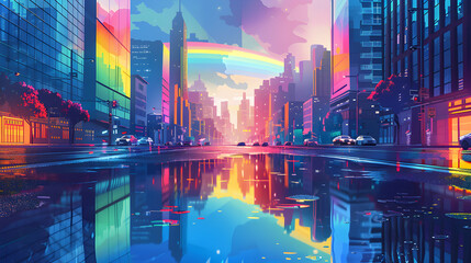 Downtown Rainbow Reflections: A colorful urban tapestry as a brilliant rainbow reflects in puddles on the streets   flat design illustration