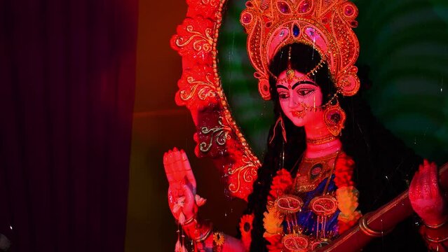 closeup view of indian goddess sarswati in durga pooja