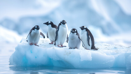 Flock of four lovely penguins floating on small iceberg in cold Antarctic sea waters with picturesque moody landscape background. Beauty in Nature, Eco concept image
