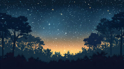 Enchanted Forest Canopy Under Starry Sky   A Mysterious and Enchanting Flat Design Backdrop Depicting a Woodland Night Scene with Silhouetted Trees Reaching for the Stars in Flat I