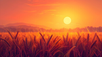 Golden Field Sunset: The setting sun bathes a golden wheat field in warm light highlighting the end of a day in the countryside. Flat design backdrop concept.