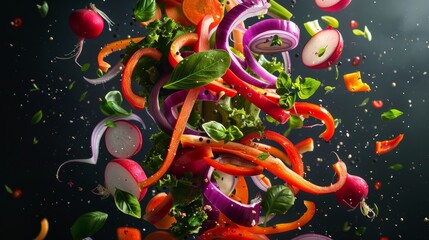 Naklejka premium A rainbow of colors floats in the air from the colorful salad ingredients like bell peppers, carrots, radishes, and red onions.