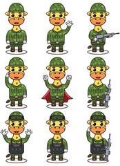Cute Giraffe soldier in camouflage uniform. Cartoon funny Giraffe soldier character with helmet and green uniform in different positions. Funny Animal Vector illustration Set.