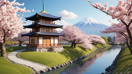 Japanese vintage house 3D cartoon design illustration. Japan miniature asian home building with pond, river, pink cherry blossom and fuji mountain concept. 3D animation background