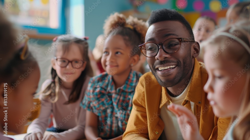 Poster children learn science and creative thinking in elementary school with an enthusiastic teacher who e