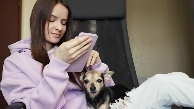 teenager and pet using phone at home, student with cute dog browsing internet, teen chatting on social media, indoor relaxation, connected with friends, indoor leisure, engagement with media