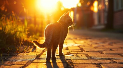 Cat walking on the street in the rays of the setting sun. with copy space