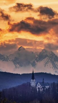 Sunset on Tatras mountains, Levoca Slovakia vertical video
