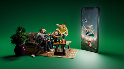 Obraz premium Losing goal. Friends, men sitting on sofa at home and watching football match online translation on 3d model of screen. Concept of sport, game, competition, tournament, championship