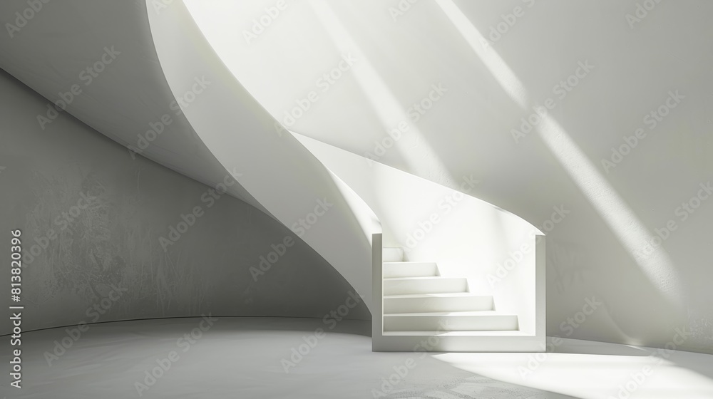 Aufkleber a white backdrop framed by long shadows cast by a winding staircase bathed in soft natural light.