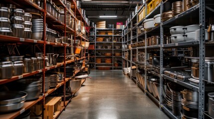 Fototapeta premium Warehouse Aisle Filled with Various Kitchenware and Utensils for Sale by Wholesalers and Retailers