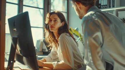 A beautiful businesswoman sits at her desktop computer in a bright modern office while the project manager stands alongside her, discussing a problem and finding a solution