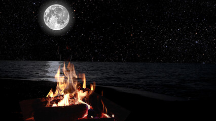 a bonfire burns at night against the background of mountains and sea with bright stars..