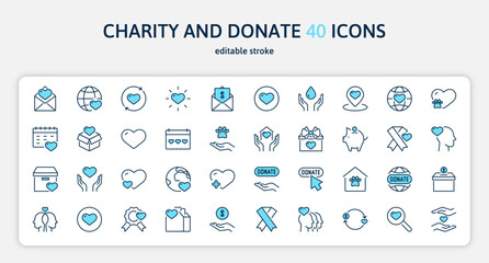 Charity and donate 40 color blue line icons set. Volunteer, donation, monetary assistance, help, animals, donor sign and symbol. Isolated on a white background. Pixel perfect. Editable stroke. 64x64.