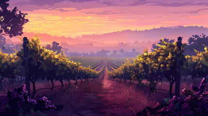 Misty Morning Vineyard: Morning Mist Drifts Over Grapevines in Wine Country   Flat Design Backdrop