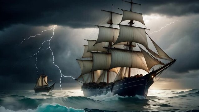 Old Clipper Ship on a Stormy Sea Lightning 4K features an A.I. generated video of an old ship sailing in the ocean during a storm with crashing waves and lightning in the sky.