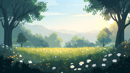 Morning Mist in a Meadow: A lush meadow bathed in morning mist offering a scene of freshness and renewal   flat design backdrop concept.
