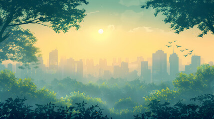 Morning Mist Over City Park: A Tranquil Urban Escape with Softly Hidden Beauty   Flat Design Illustration