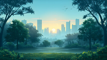 Morning Mist Over City Park: A Tranquil Urban Escape with Soft Flat Design Illustration