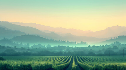 Morning Mist Over Vineyards: Captivating Flat Design Backdrop Enhancing the Allure of Wine Country Landscape with Quiet Vineyards   Flat Illustration Concept