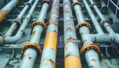 Industrial Pipes on a Cargo Ship: Rusted Pipes on a Cargo Vessel. Energy, transportation, utilities and heavy industry concept image