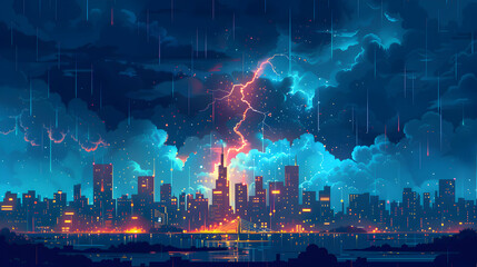 Nighttime City Thunder: A Cityscape Lit by Lightning, Illustrating Urban Resilience   Flat Design Backdrop