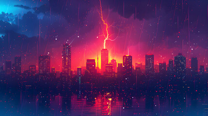 Flat Design Backdrop: Nighttime City Thunder Concept   A cityscape at night brightly illuminated by a crack of lightning, showcasing urban resilience. Flat illustration depicting t