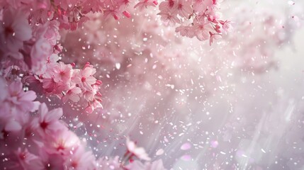 Close-up of a majestic cherry blossom tree in full bloom, with delicate petals cascading down like snowflakes against a soft, pastel backdrop.