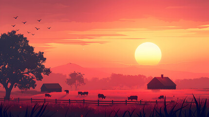 Pastoral Sunset: The Sun Setting Over Farm Fields and Livestock in Tranquil End of Day   Flat Design Backdrop with Flat Illustration