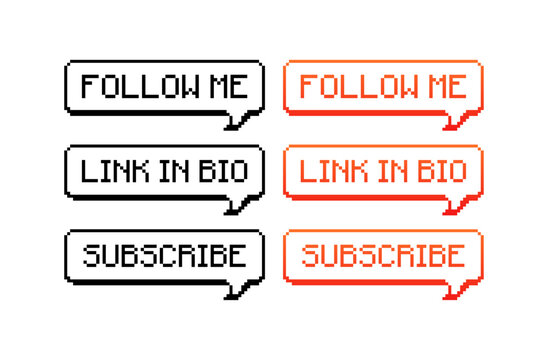 Social media notification bubbles. Follow me, link in bio, subscribe speech bubbles. Linear and flat style. Vector icons