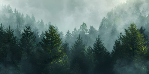 Misty dark forest with white fog in the trees aerial top view in the mountains autumn morning Misty mountain landscape