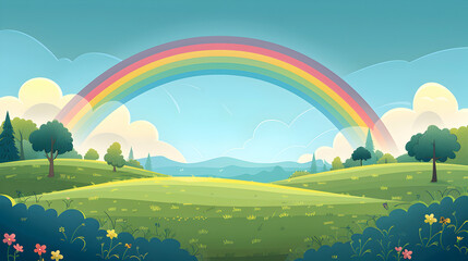 Flat Design Backdrop: Rainbow Over Rolling Hills   Gentle rolling hills come alive with a rainbow in a rural delight. Flat illustration concept.