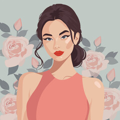 Vector illustration of a young beautiful woman of European appearance with clean and well-groomed facial skin from the front on a delicate floral background.
