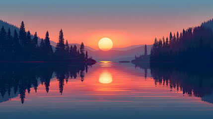 Tranquil Lake Sunset Reflection in Flat Design: Sun s Reflections Create Perfect Mirror Image of Evening Sky   Conceptual flat illustration