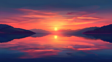 Reflective Lake Sunset: The setting sun creates a perfect mirror image on the calm lake   Flat design backdrop concept