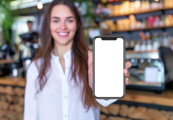 woman holding iPhone phone with blank and space