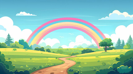 Scenic Rural Road Under Vibrant Rainbow: Flat Design Backdrop Illustrating a Colorful Path in Countryside Setting