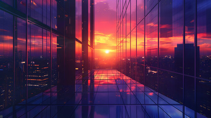 Dusk Reflections: Sunset Painted Skyscraper Cityscape   Flat Design Backdrop Concept
