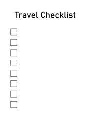 Travel checklist with tick boxes on a white background. To-do list for the trip. Vector flat illustration. Form what to do and what to take with you. Black text with a list. Questionnaire top view.