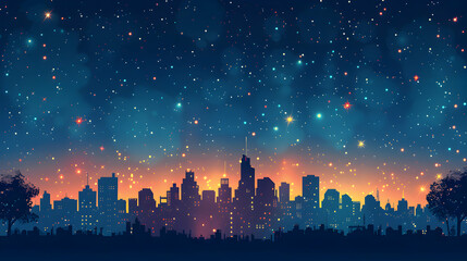 Cityscape Sparkling beneath Starry Night: Urban Lights vs Celestial Stars   Flat Design Backdrop Concept
