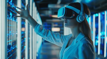 The beautiful confident woman does a augmented reality activating touch gesture in a modern data center research laboratory. Mock-up shot of augmented reality in use.
