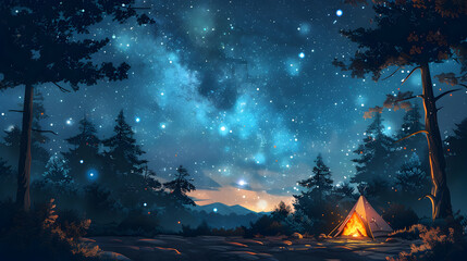 Flat Design Backdrop: Starry Sky Camping Adventure Concept with Campers Storytelling under Cosmic Night Sky and Campfire Glow   Flat Illustration