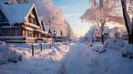Contemporary  Residential Street Scene Covered in Snow Due to Heavy Snowfall Landscape Background